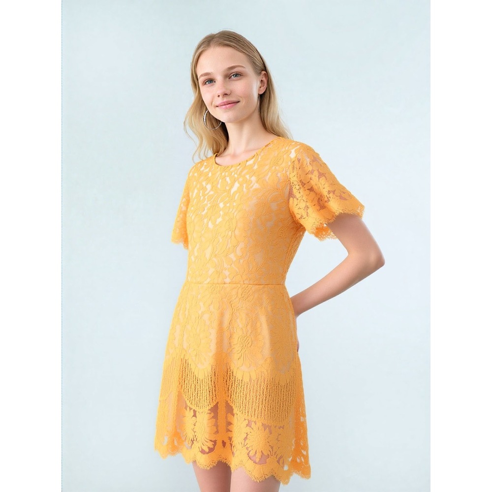 Women Dress MSLG Missy Women Yellow Lace Short Sleeve Dress Size‎ Large